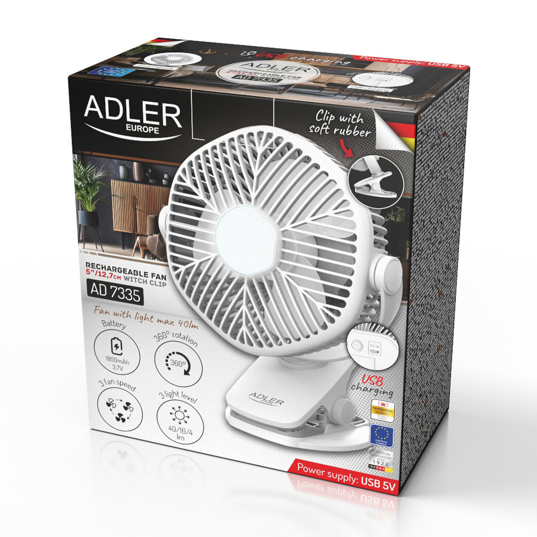 Ventilator cu baterie de 5"/12,7 cm cu clemă – USB / LED, AD 7335, Adler