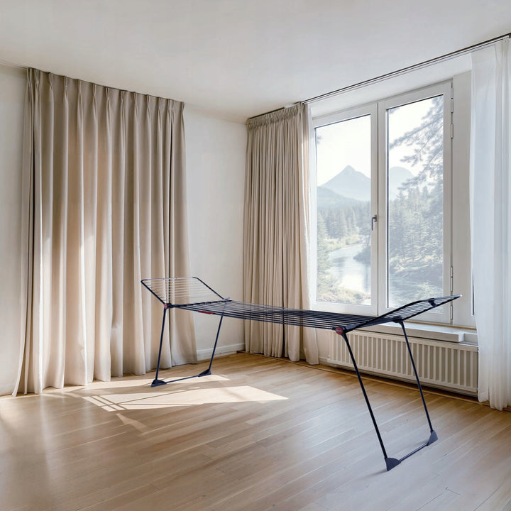 Uscător de rufe Vileda Infinity Flex Ultimate, culoare neagră, suprafață de uscare de până la 30 m, extensibil, cadru înălțat, suporturi pentru lenjerie, roți încorporate, 179620