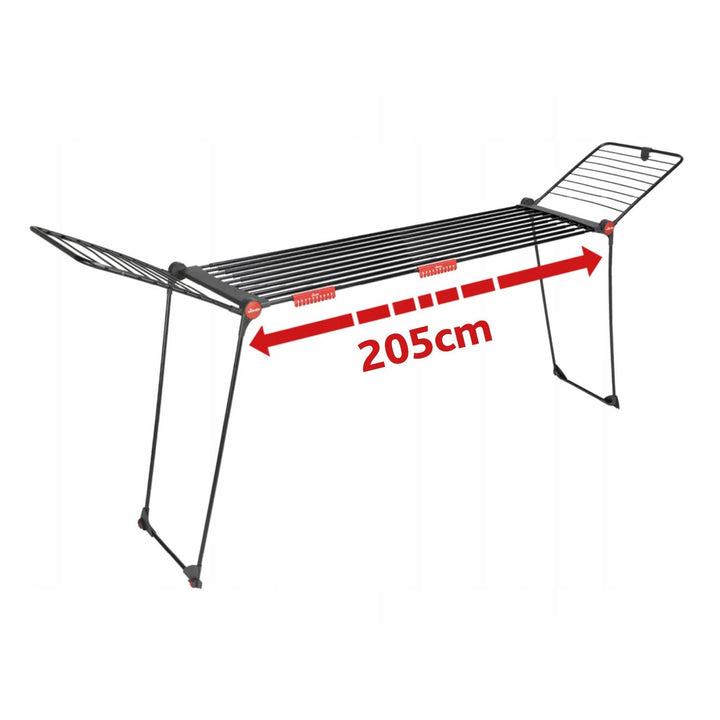 Uscător de rufe Vileda Infinity Flex Ultimate, culoare neagră, suprafață de uscare de până la 30 m, extensibil, cadru înălțat, suporturi pentru lenjerie, roți încorporate, 179620