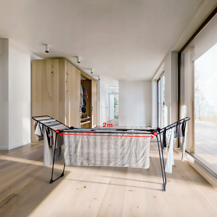 Uscător de rufe Vileda Infinity Flex Ultimate, culoare neagră, suprafață de uscare de până la 30 m, extensibil, cadru înălțat, suporturi pentru lenjerie, roți încorporate, 179620