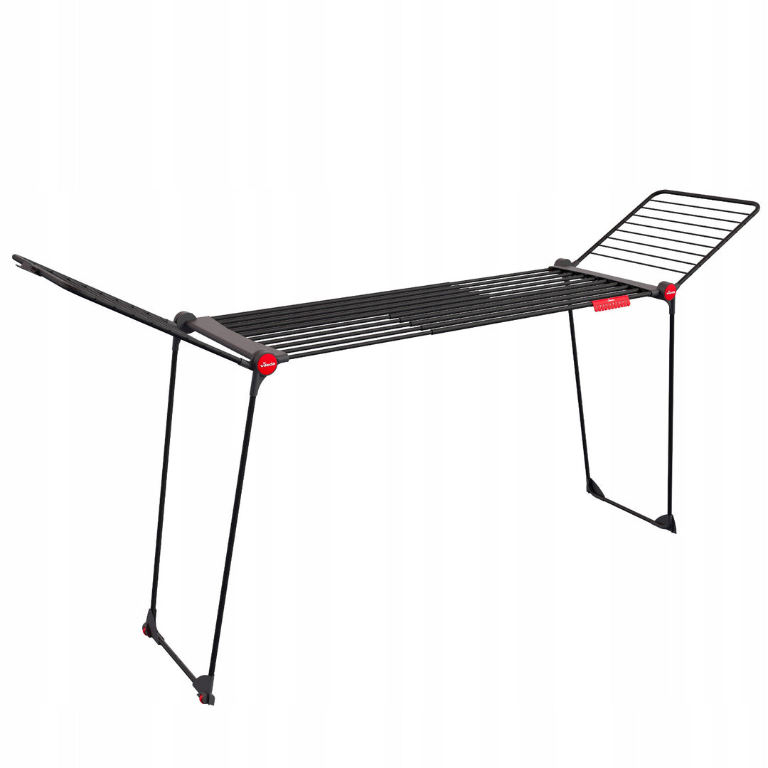 Uscător de rufe Vileda Infinity Flex Ultimate, culoare neagră, suprafață de uscare de până la 30 m, extensibil, cadru înălțat, suporturi pentru lenjerie, roți încorporate, 179620