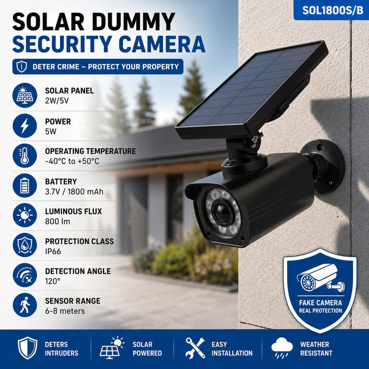Cameră de supraveghere falsă cu alimentare solară, LED intermitent, senzor de mișcare, iluminare LED, autocolante incluse în set, SOL1800S/B, 2 bucăți