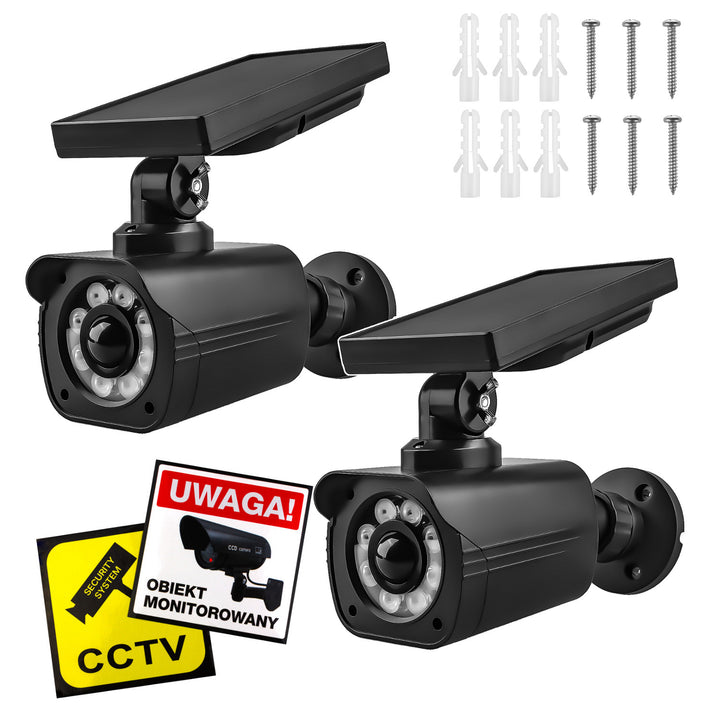 Cameră de supraveghere falsă cu alimentare solară, LED intermitent, senzor de mișcare, iluminare LED, autocolante incluse în set, SOL1800S/B, 2 bucăți