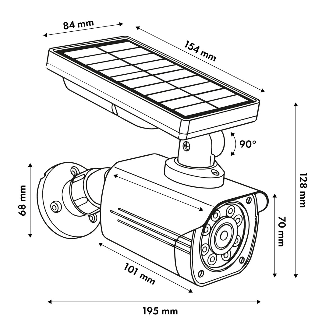 Cameră de supraveghere falsă cu alimentare solară, LED intermitent, senzor de mișcare, iluminare LED, autocolante incluse în set, SOL1800S/B, 4 bucăți