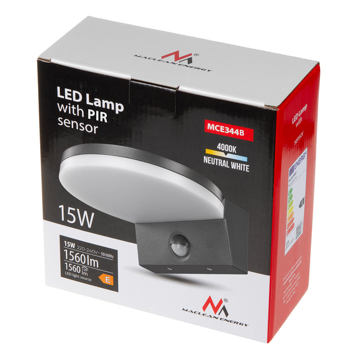 Lampă LED cu senzor de mișcare Maclean, senzor de mișcare PIR, culoare neagră, 15 W, IP65, 1560 lm, culoare albă neutră (4000 K) MCE344 B, 2 bucăți