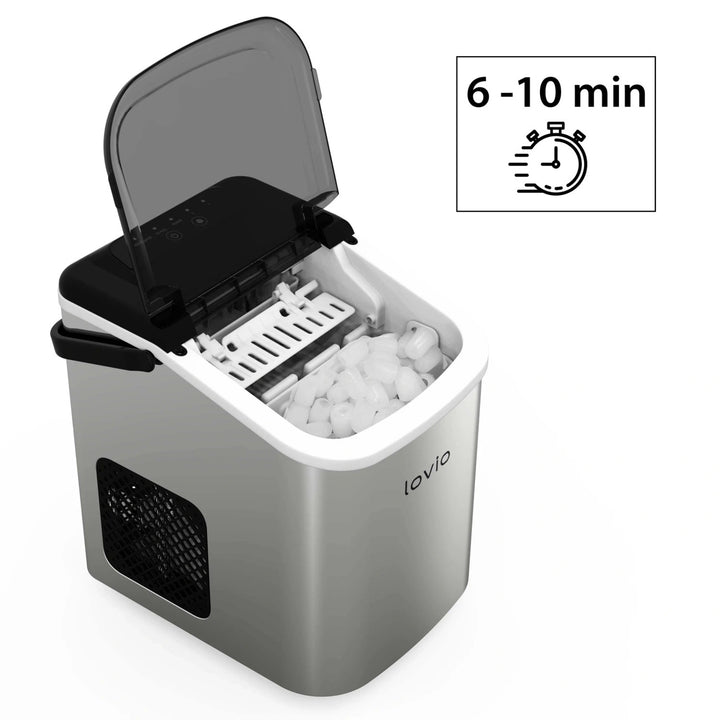 Mașină de gheață pentru uz casnic Lovio Crystal Ice, din oțel, argintie, gheață rapidă