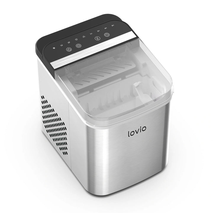Mașină de gheață pentru uz casnic Lovio Crystal Ice Plus, din oțel, argintie, gheață rapidă