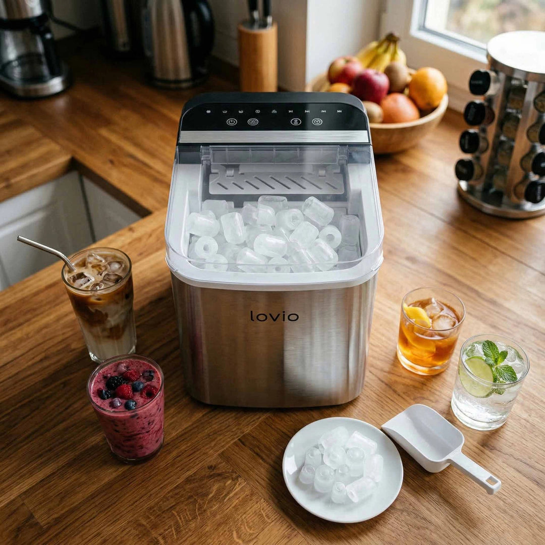 Mașină de gheață pentru uz casnic Lovio Crystal Ice Plus, din oțel, argintie, gheață rapidă