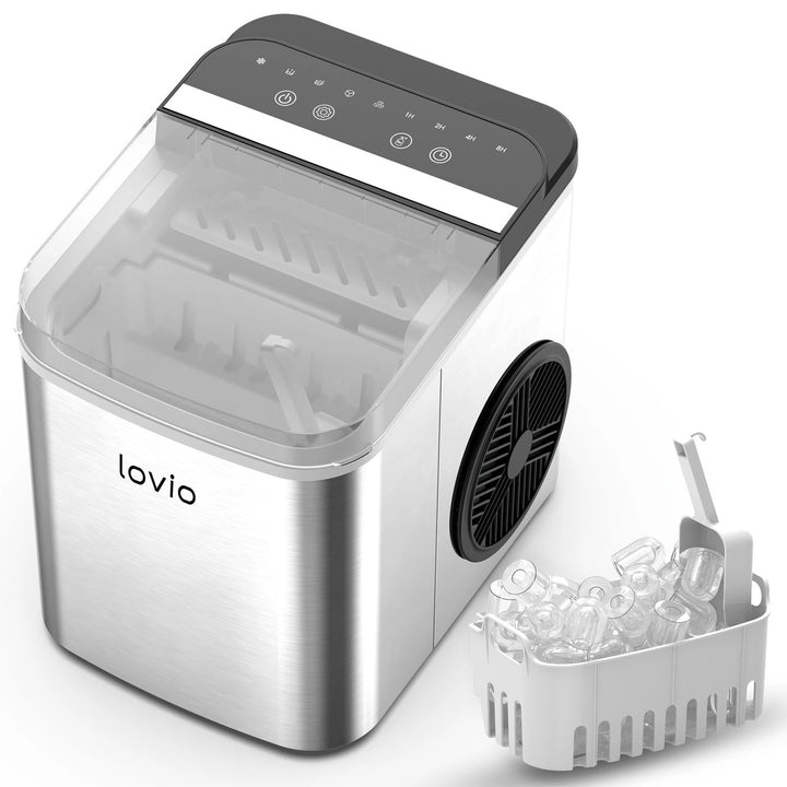 Mașină de gheață pentru uz casnic Lovio Crystal Ice Plus, din oțel, argintie, gheață rapidă