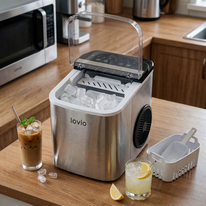 Mașină de gheață pentru uz casnic Lovio Crystal Ice Plus, din oțel, argintie, gheață rapidă