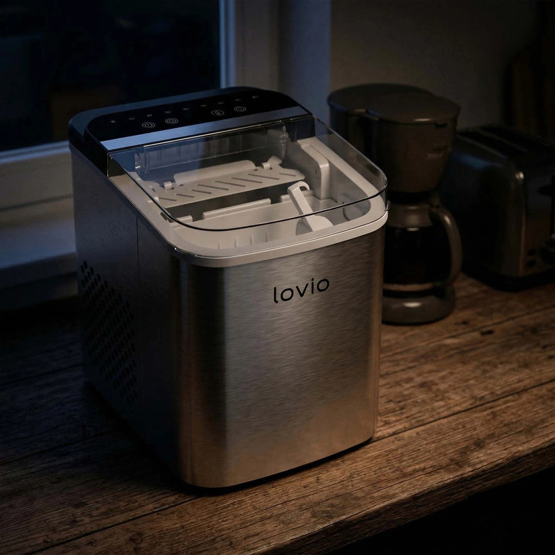 Mașină de gheață pentru uz casnic Lovio Crystal Ice Plus, din oțel, argintie, gheață rapidă