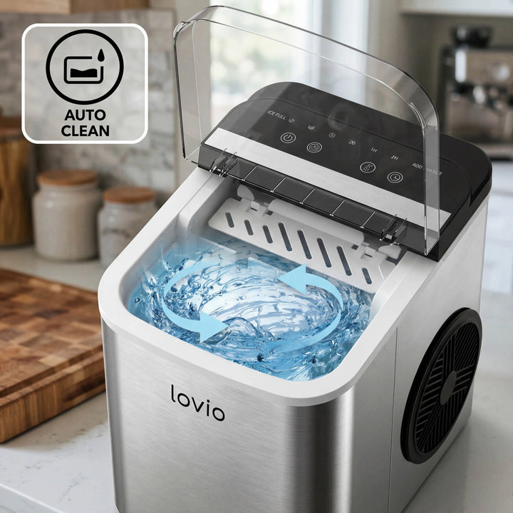 Mașină de gheață pentru uz casnic Lovio Crystal Ice Plus, din oțel, argintie, gheață rapidă