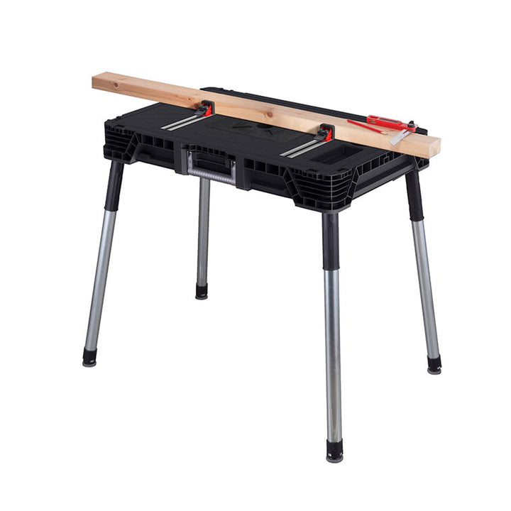 Masă de atelier portabilă Keter Jobmade, capacitate de încărcare 453 kg, picioare antiderapante, compartiment cu cleme sub blat, 239985