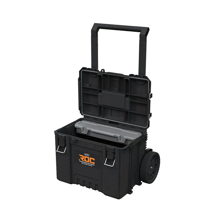 Set de 3 cutii de scule Keter ROC Pro Gear 2.0, capacitate totală de 110 L, protecție IP65, mâner telescopic detașabil, posibilitate de încuiere cu lacăt, 256982