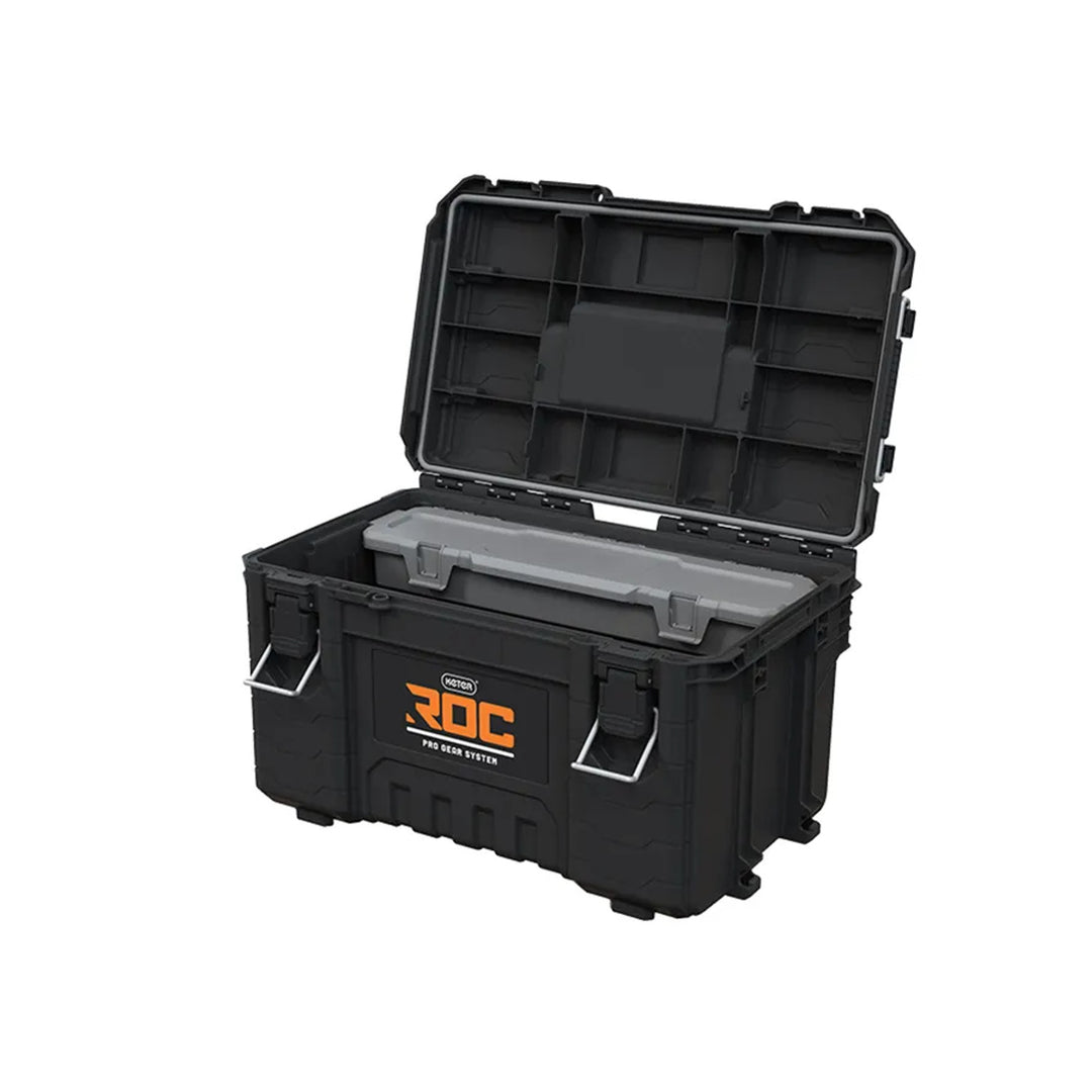 Set de 3 cutii de scule Keter ROC Pro Gear 2.0, capacitate totală de 110 L, protecție IP65, mâner telescopic detașabil, posibilitate de încuiere cu lacăt, 256982