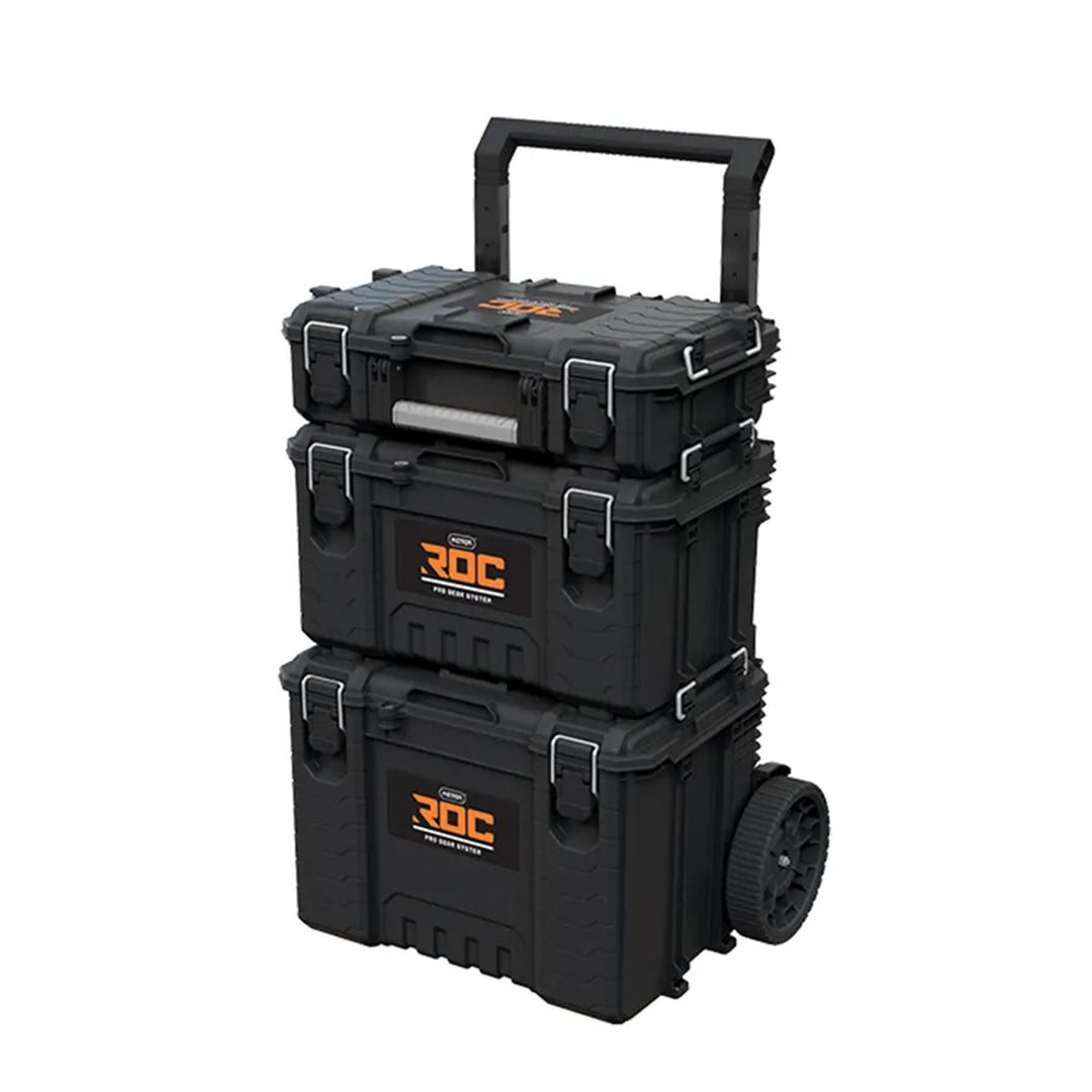 Set de 3 cutii de scule Keter ROC Pro Gear 2.0, capacitate totală de 110 L, protecție IP65, mâner telescopic detașabil, posibilitate de încuiere cu lacăt, 256982