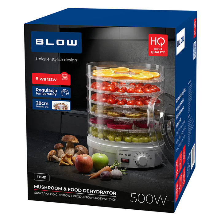 Uscător pentru ciuperci, legume și fructe Blow, putere 500 W, 6 site incluse în set, reglare a temperaturii între 35 și 75 °C, 44-175