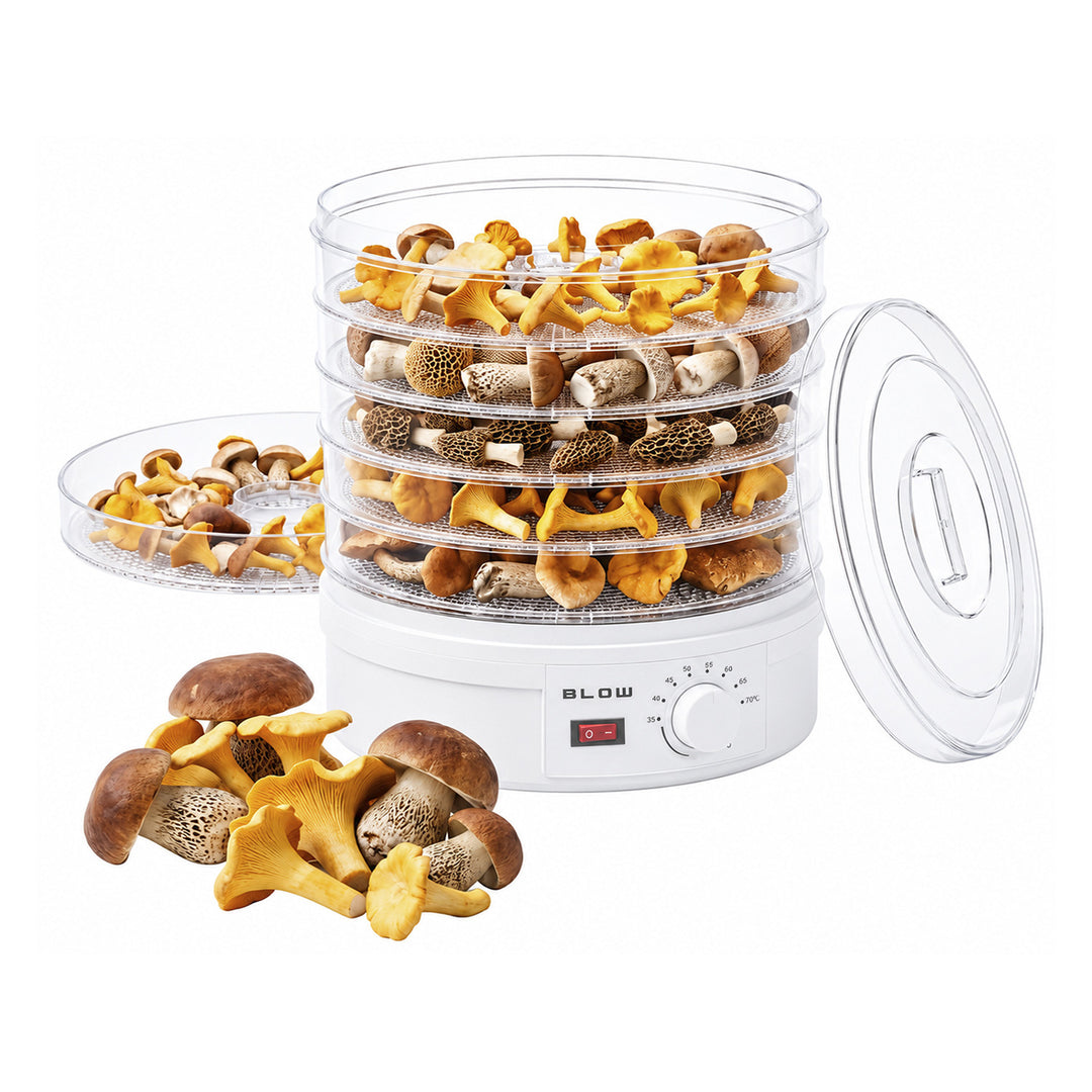 Uscător pentru ciuperci, legume și fructe Blow, putere 500 W, 6 site incluse în set, reglare a temperaturii între 35 și 75 °C, 44-175