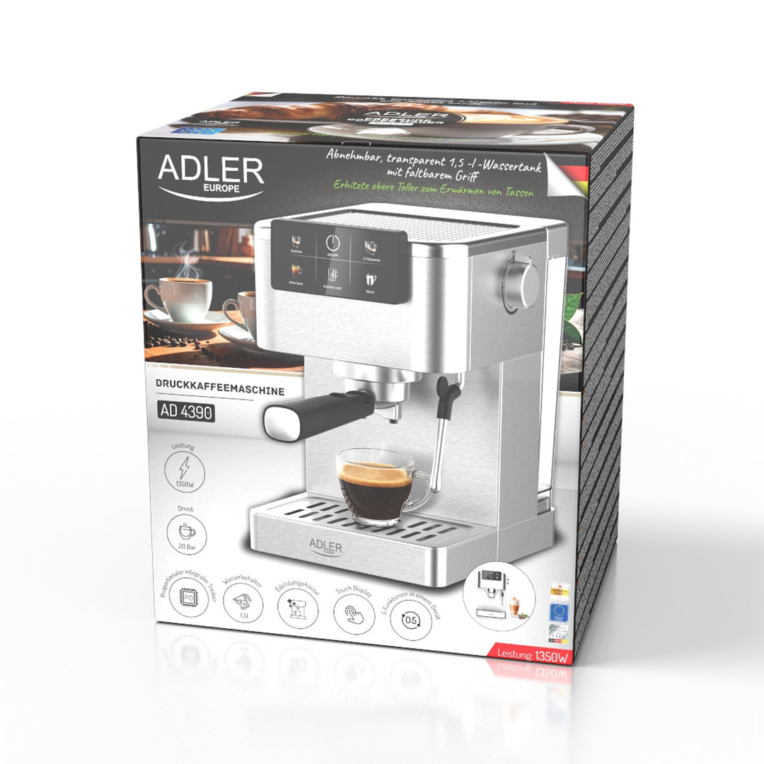 Mașină de cafea de 20 bar, Thermoblock, spumator de lapte, 5-în-1, Adler AD 4390