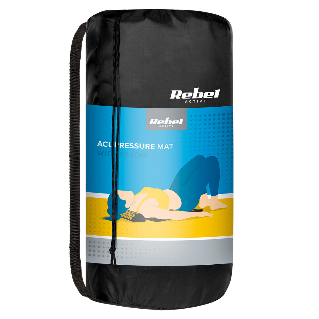 Covor terapeutic cu țepi pentru acupresură, cu pernă, 110x42 cm, XL, țepi aurii, Rebel Active