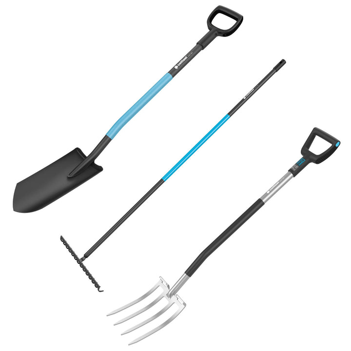 Lopată pentru pepinieră / drenaj CELLPRO + Furcă ENERGO + Greblă metalică universală CELLPRO, Cellfast
