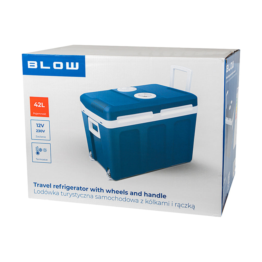 Frigider portabil pentru mașină Blow, cu roți, capacitate de 42 L, mod de încălzire, tensiune DC 12 V și AC 100 V–240 V, 44–210