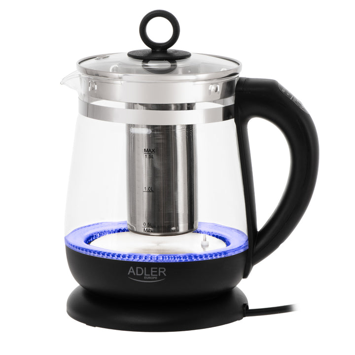 Ceainic din sticlă de 1,5 L cu infuzor și reglare a temperaturii, 2200 W, LED 60–100 °C, Adler AD 1299, negru