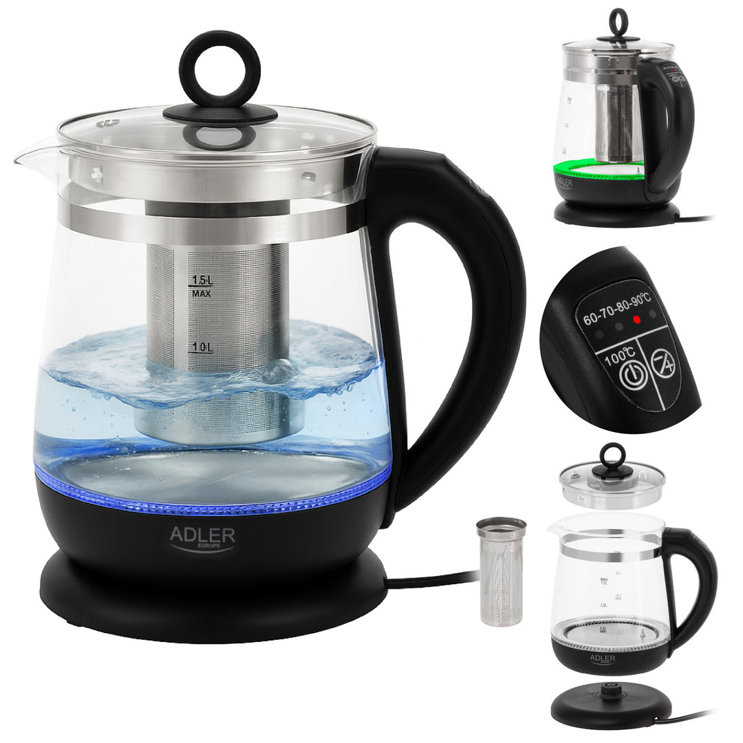 Ceainic din sticlă de 1,5 L cu infuzor și reglare a temperaturii, 2200 W, LED 60–100 °C, Adler AD 1299, negru