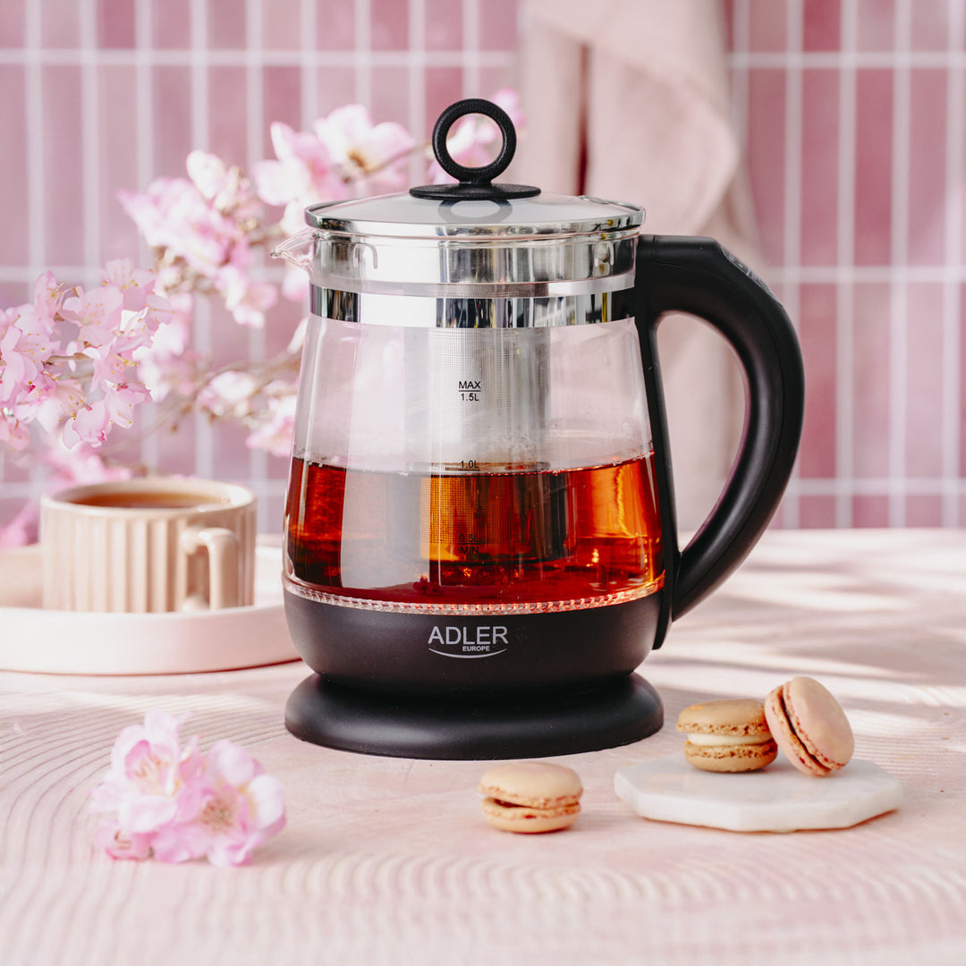 Ceainic din sticlă de 1,5 L cu infuzor și reglare a temperaturii, 2200 W, LED 60–100 °C, Adler AD 1299, negru