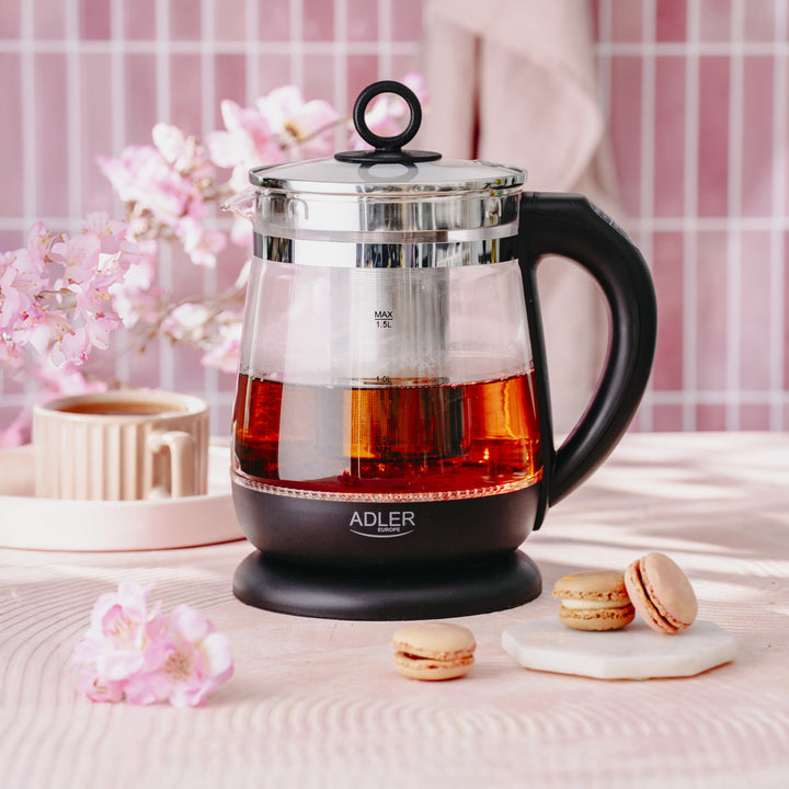 Ceainic din sticlă de 1,5 L cu infuzor și reglare a temperaturii, 2200 W, LED 60–100 °C, Adler AD 1299, negru