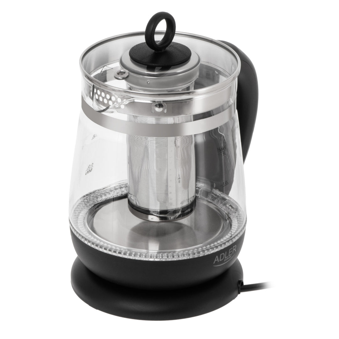 Ceainic din sticlă de 1,5 L cu infuzor și reglare a temperaturii, 2200 W, LED 60–100 °C, Adler AD 1299, negru