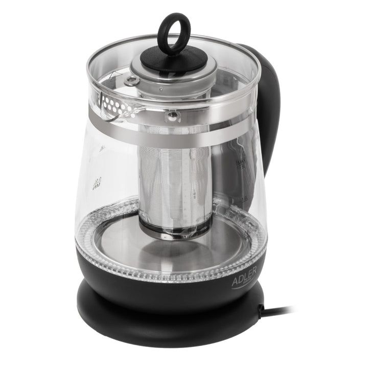 Ceainic din sticlă de 1,5 L cu infuzor și reglare a temperaturii, 2200 W, LED 60–100 °C, Adler AD 1299, negru