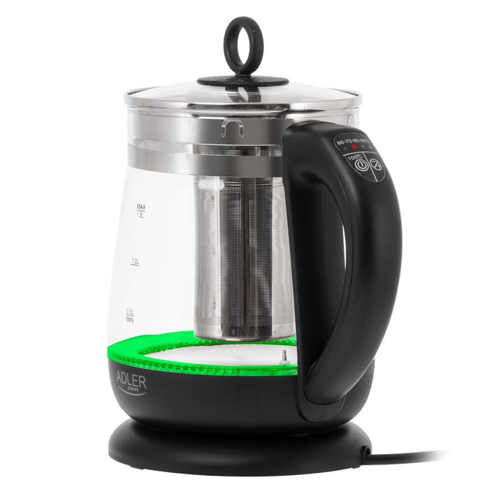 Ceainic din sticlă de 1,5 L cu infuzor și reglare a temperaturii, 2200 W, LED 60–100 °C, Adler AD 1299, negru