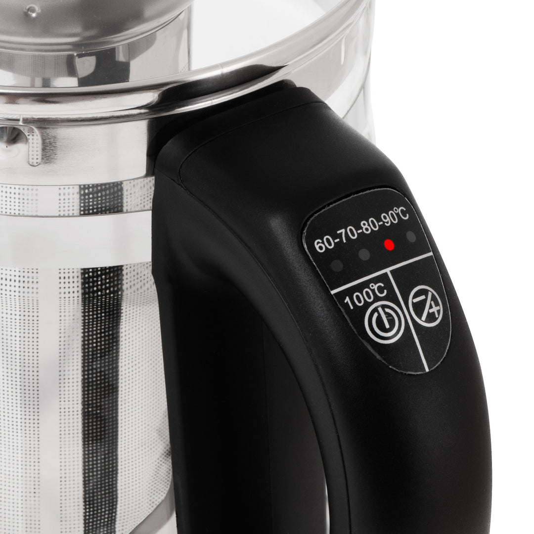 Ceainic din sticlă de 1,5 L cu infuzor și reglare a temperaturii, 2200 W, LED 60–100 °C, Adler AD 1299, negru