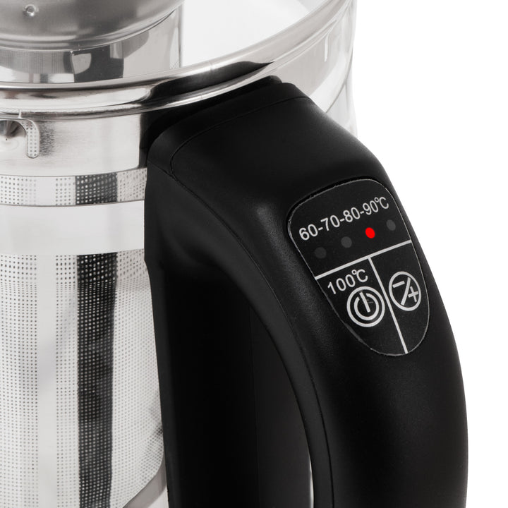 Ceainic din sticlă de 1,5 L cu infuzor și reglare a temperaturii, 2200 W, LED 60–100 °C, Adler AD 1299, negru