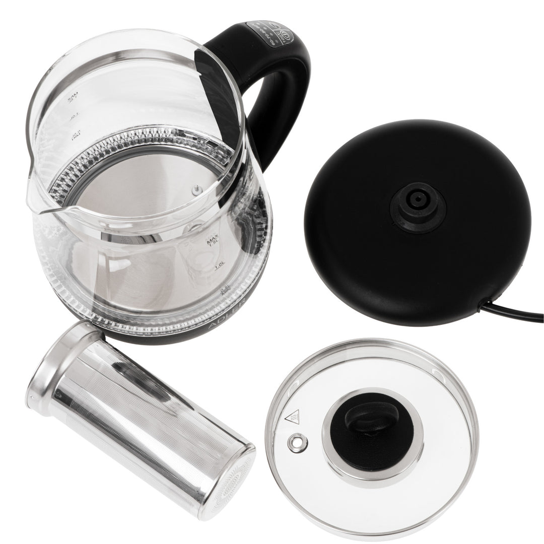 Ceainic din sticlă de 1,5 L cu infuzor și reglare a temperaturii, 2200 W, LED 60–100 °C, Adler AD 1299, negru