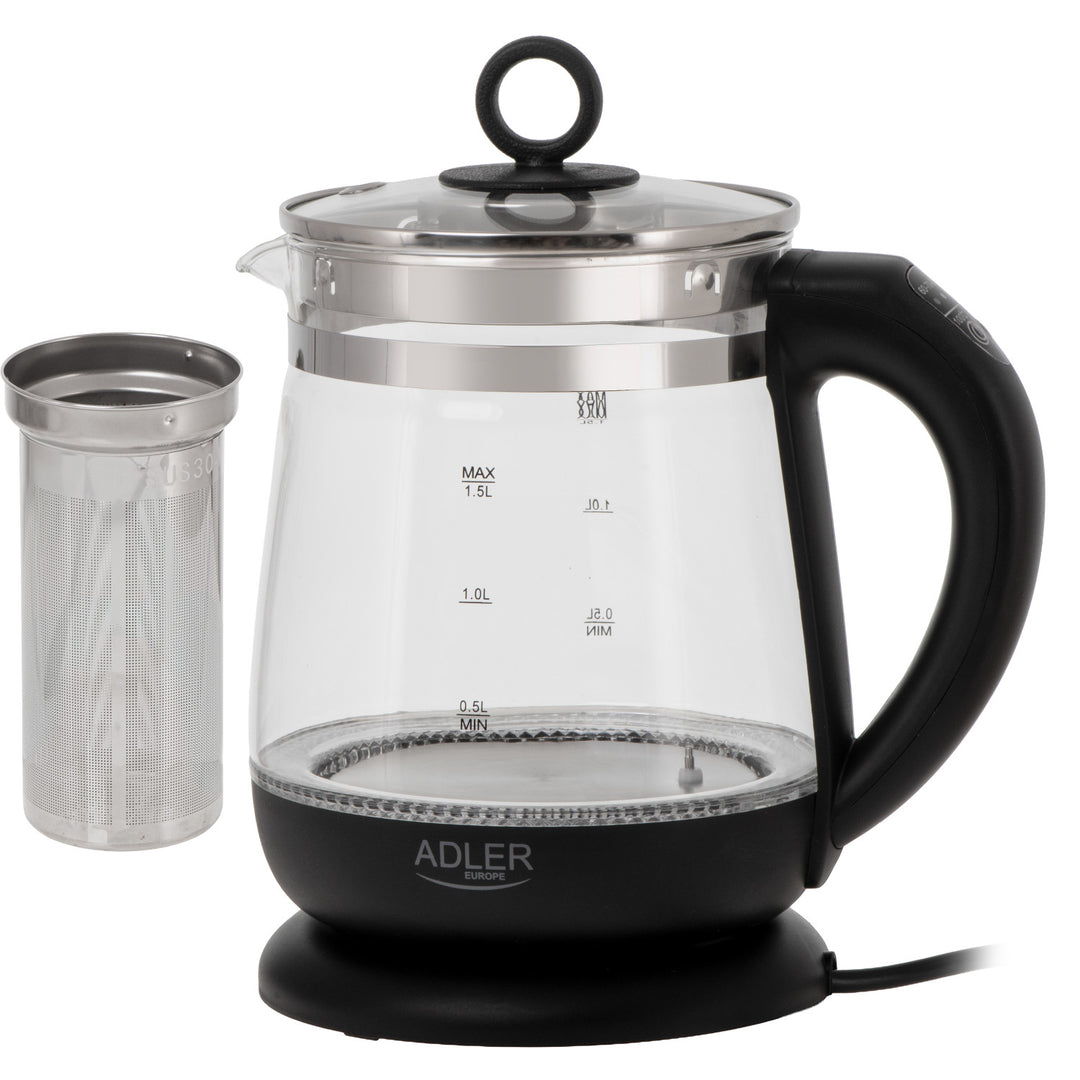 Ceainic din sticlă de 1,5 L cu infuzor și reglare a temperaturii, 2200 W, LED 60–100 °C, Adler AD 1299, negru
