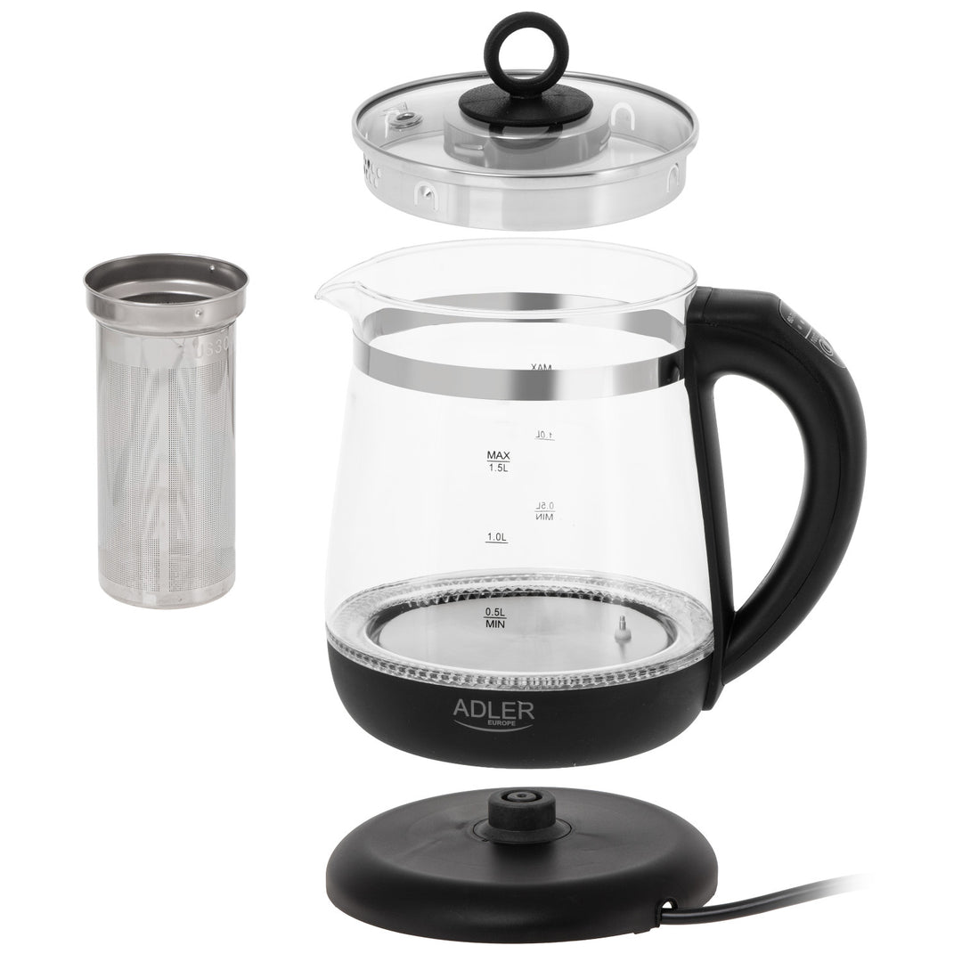 Ceainic din sticlă de 1,5 L cu infuzor și reglare a temperaturii, 2200 W, LED 60–100 °C, Adler AD 1299, negru