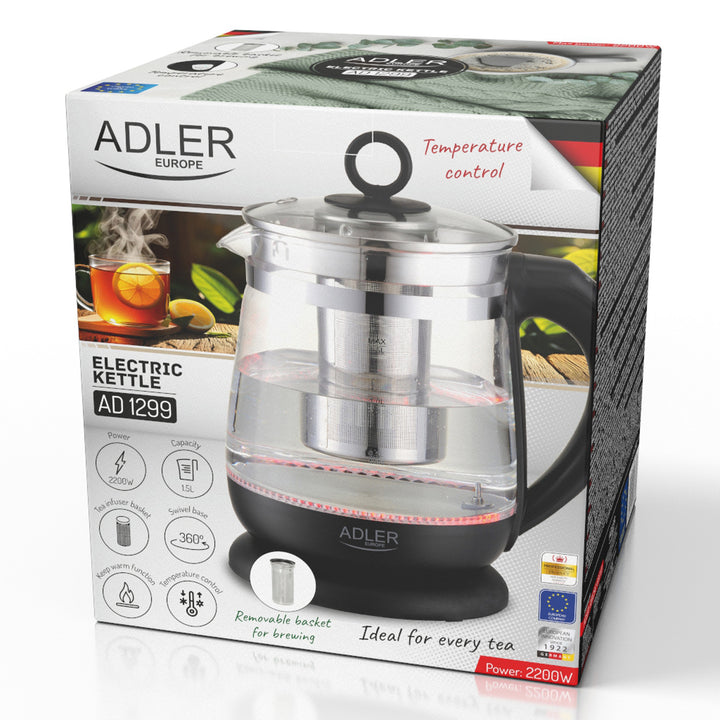 Ceainic din sticlă de 1,5 L cu infuzor și reglare a temperaturii, 2200 W, LED 60–100 °C, Adler AD 1299, negru