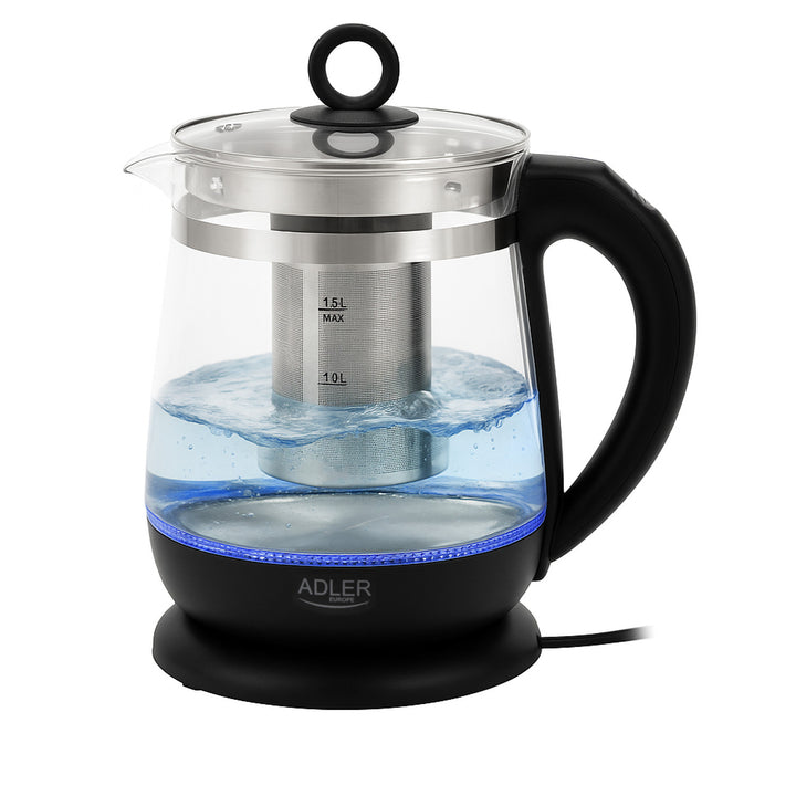 Ceainic din sticlă de 1,5 L cu infuzor și reglare a temperaturii, 2200 W, LED 60–100 °C, Adler AD 1299, negru