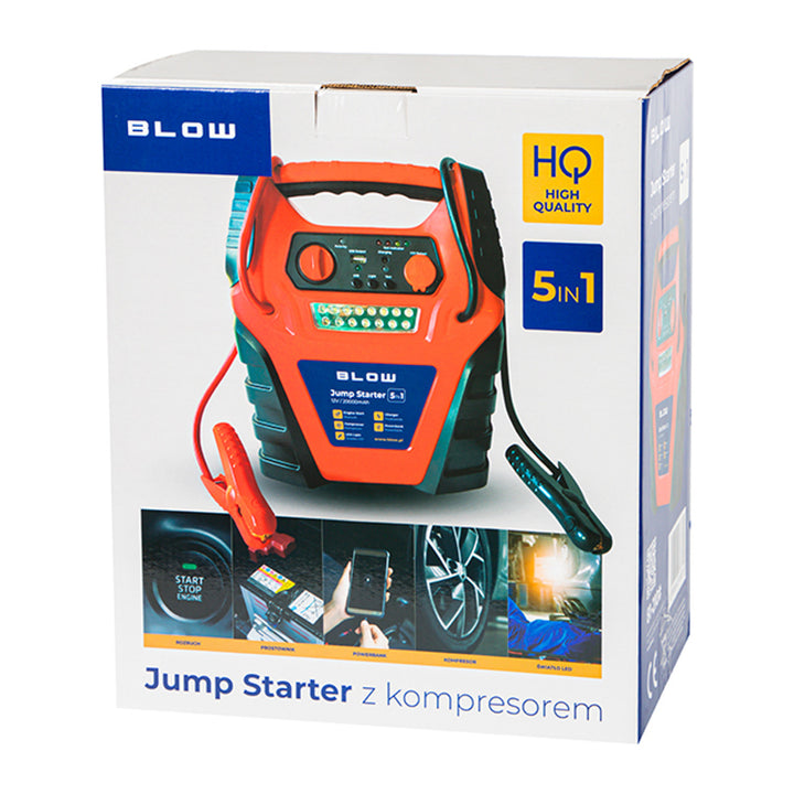 Jump Starter 5 în 1 Blow, cu funcții de compresor, încărcător de baterii și powerbank, baterie de 12 V 20000 mAh, curent de pornire 400 A, curent de vârf 900 A, prevăzut cu siguranță împotriva suprasarcinilor, 81-210#