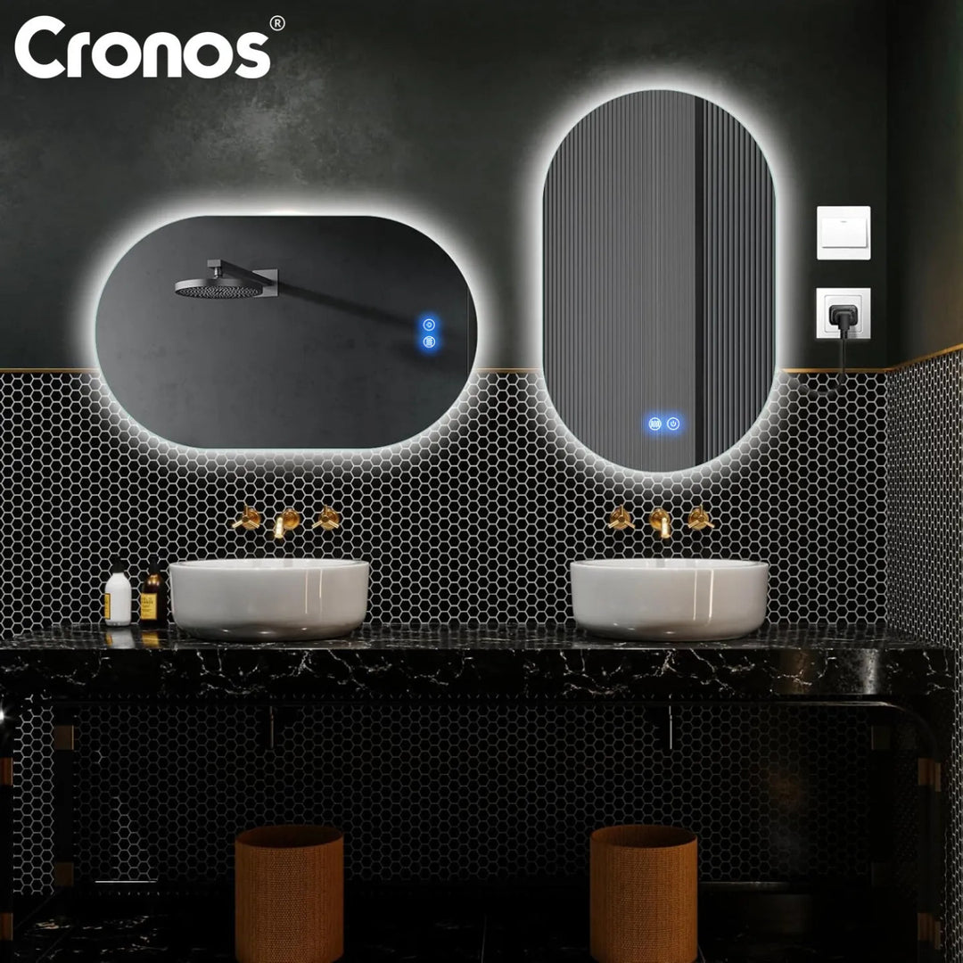 Oglinda încălzită Cronos, ovală, 50 x 80 cm, LED în trei culori, protecție IP44, sistem anti-ceață