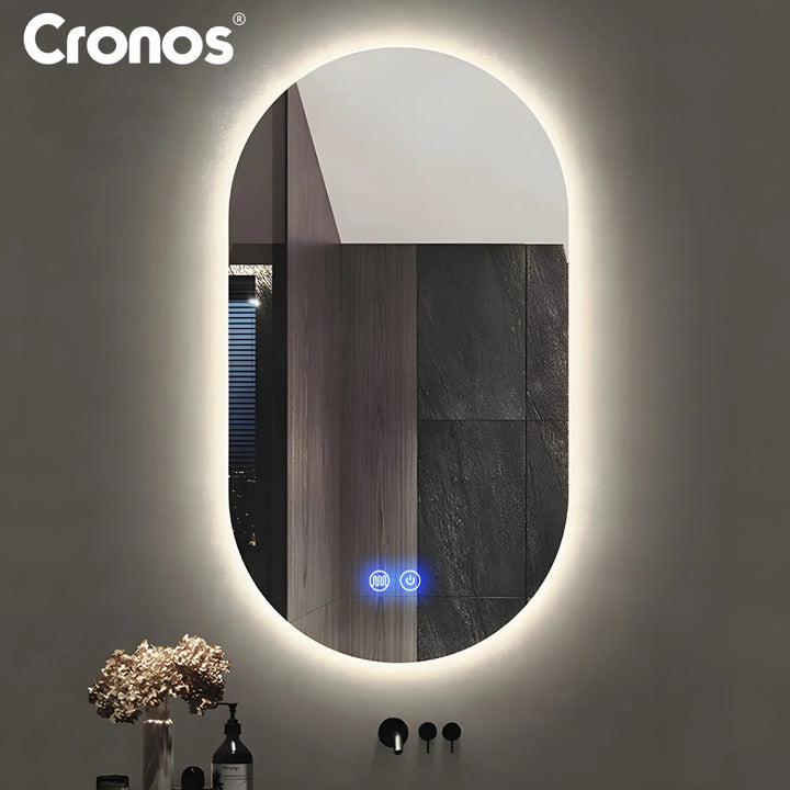 Oglinda încălzită Cronos, ovală, 50 x 80 cm, LED în trei culori, protecție IP44, sistem anti-ceață