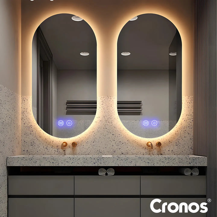 Oglinda încălzită Cronos, ovală, 50 x 80 cm, LED în trei culori, protecție IP44, sistem anti-ceață