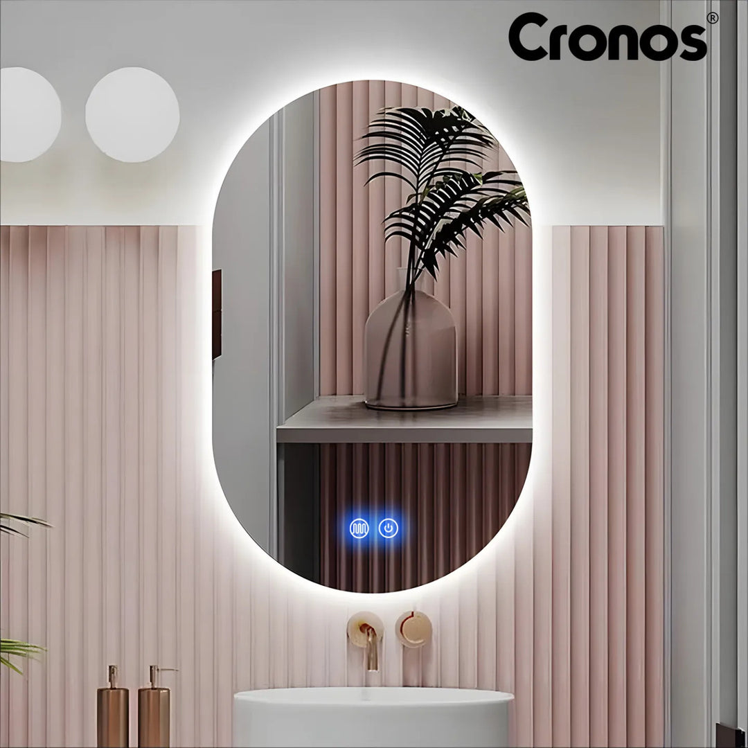Oglinda încălzită Cronos, ovală, 50 x 80 cm, LED în trei culori, protecție IP44, sistem anti-ceață
