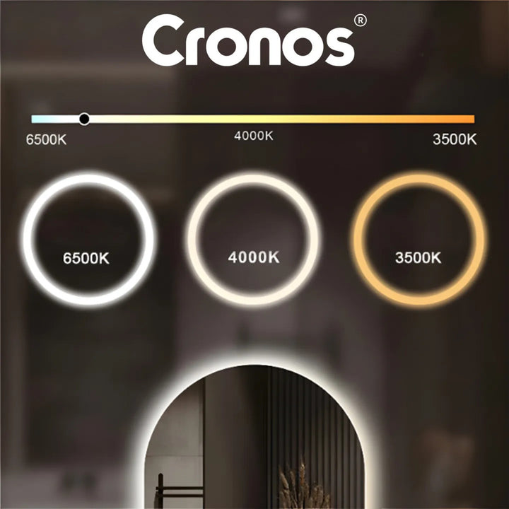Oglinda încălzită Cronos, ovală, 50 x 80 cm, LED în trei culori, protecție IP44, sistem anti-ceață