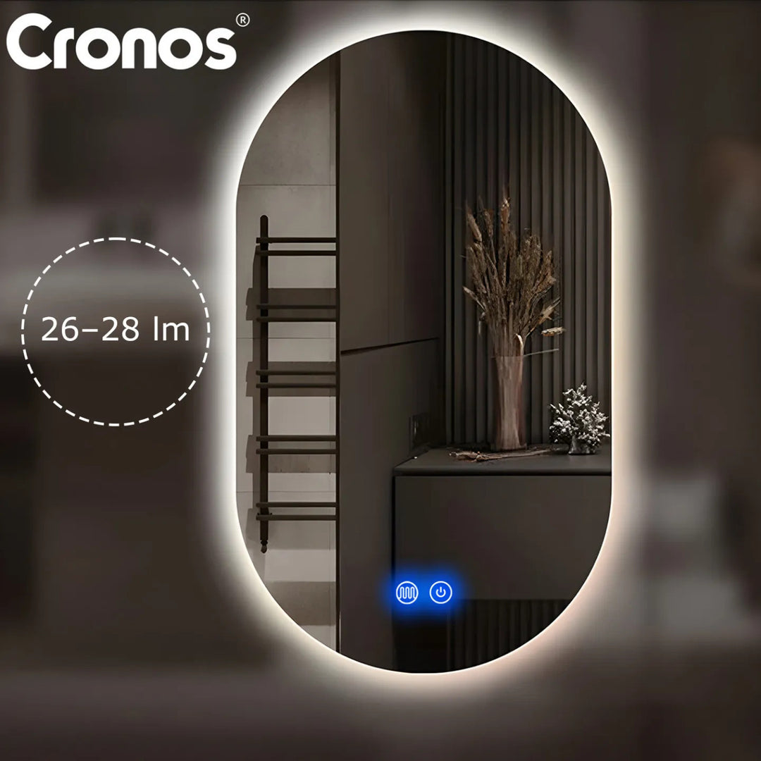 Oglinda încălzită Cronos, ovală, 50 x 80 cm, LED în trei culori, protecție IP44, sistem anti-ceață