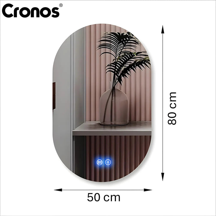 Oglinda încălzită Cronos, ovală, 50 x 80 cm, LED în trei culori, protecție IP44, sistem anti-ceață
