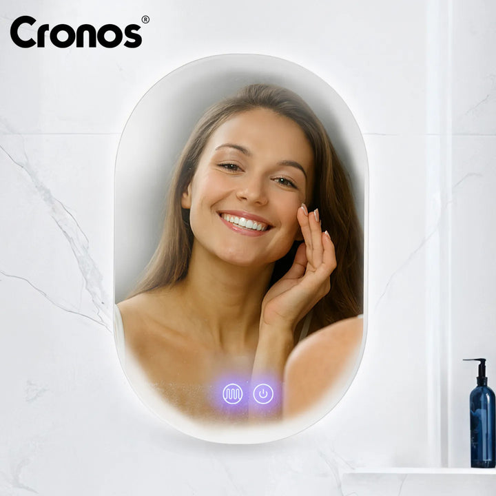 Oglinda încălzită Cronos, ovală, 50 x 80 cm, LED în trei culori, protecție IP44, sistem anti-ceață