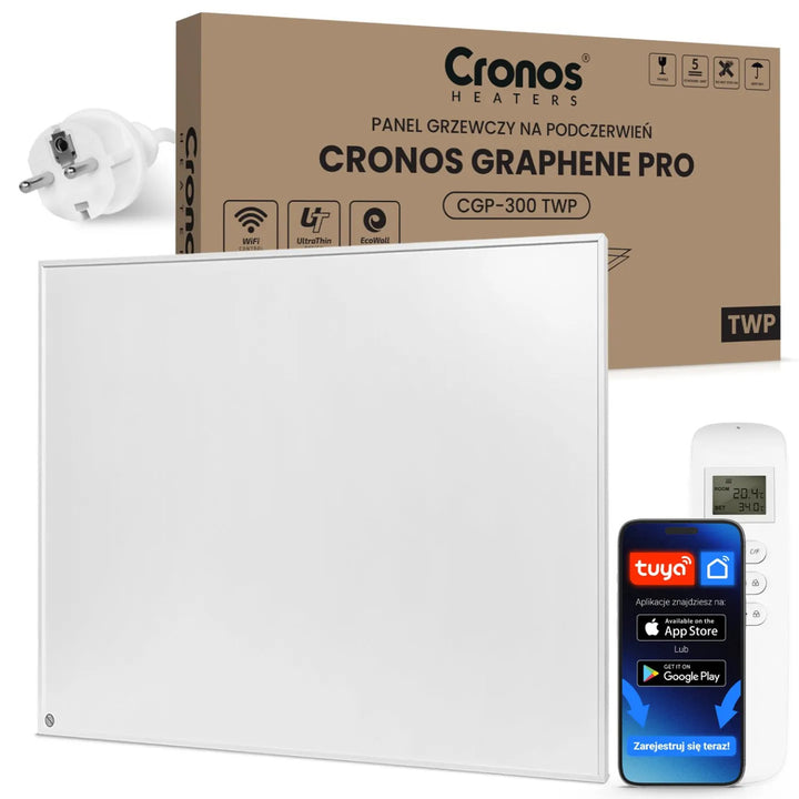 Panou de încălzire cu infraroșu Cronos Graphene, putere 300 W, culoare albă, încălzește o încăpere de până la 8 m², telecomandă, PRO CGP-300TWP